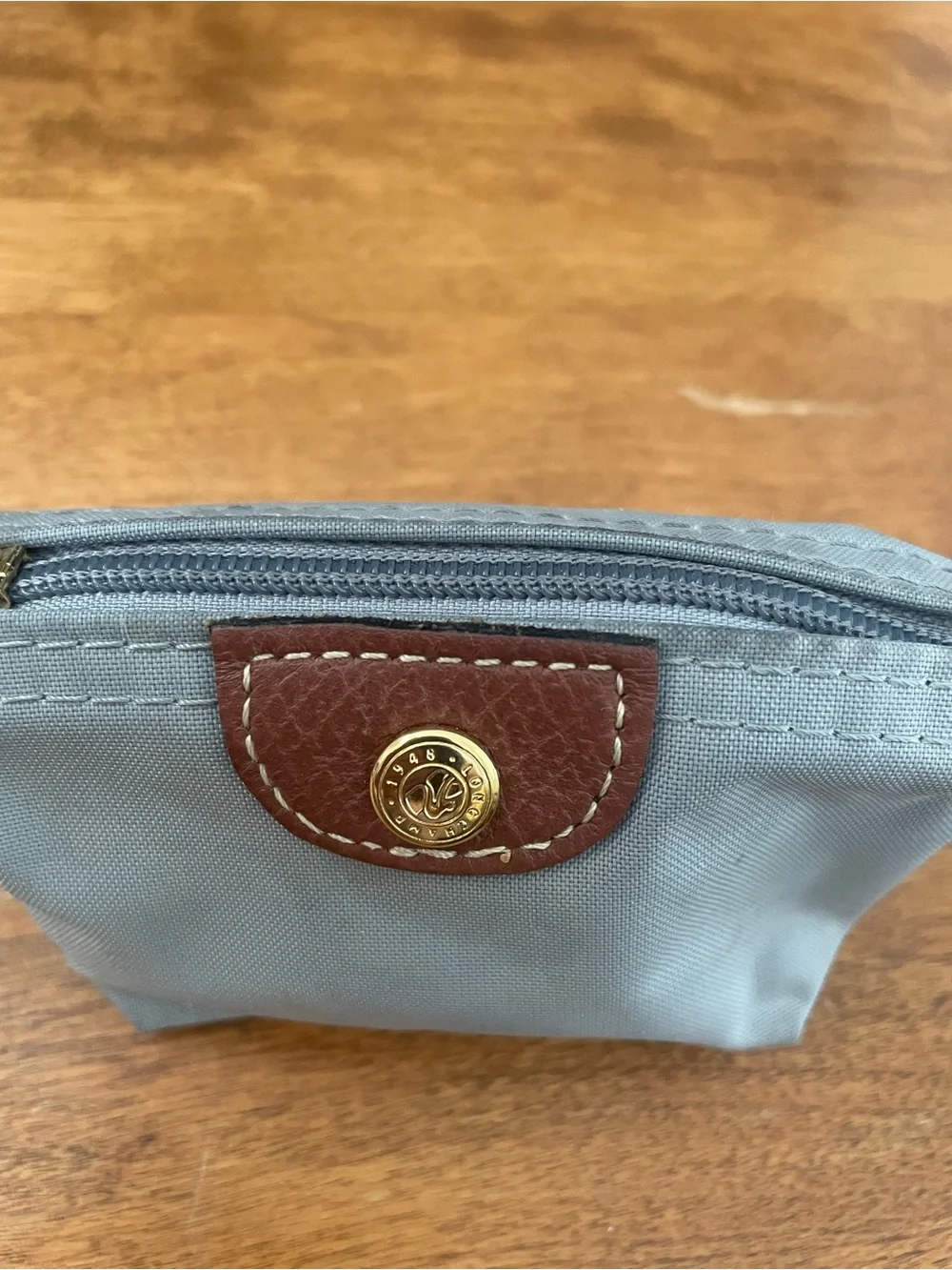 Longchamp Small Gray Pouch with Brown Leather Trim